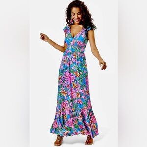 Lilly Pulitzer Turquoise Floral Maxi Dress with Pink & Green Accents